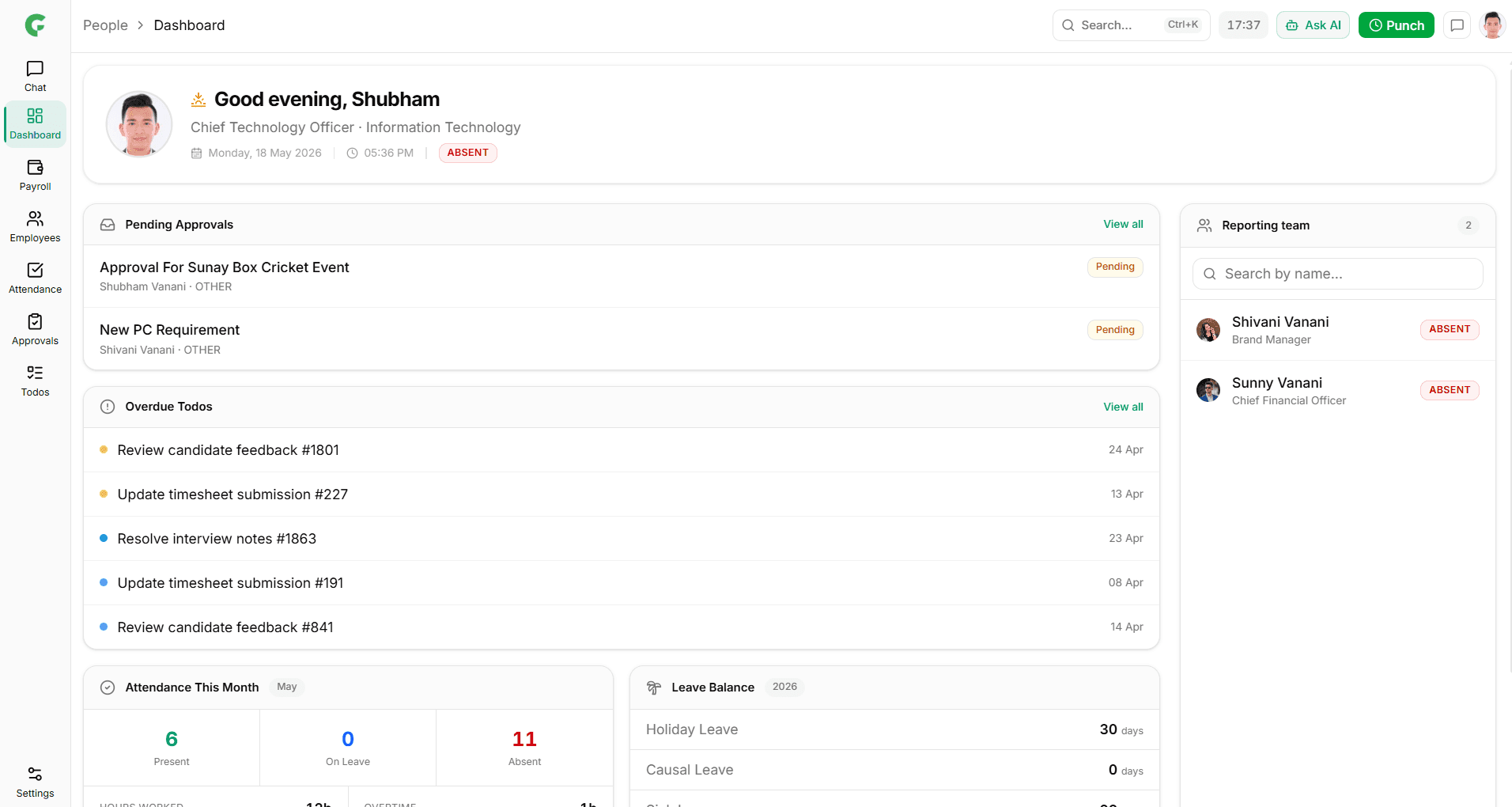 Personalized dashboard with approvals, todos, attendance, and reporting team
